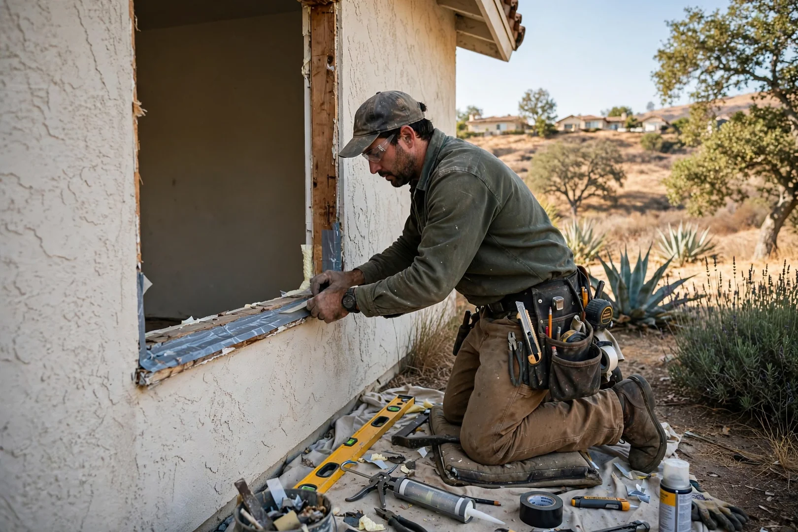 Installer setting a dual-pane energy-efficient window into a Thousand Oaks home opening