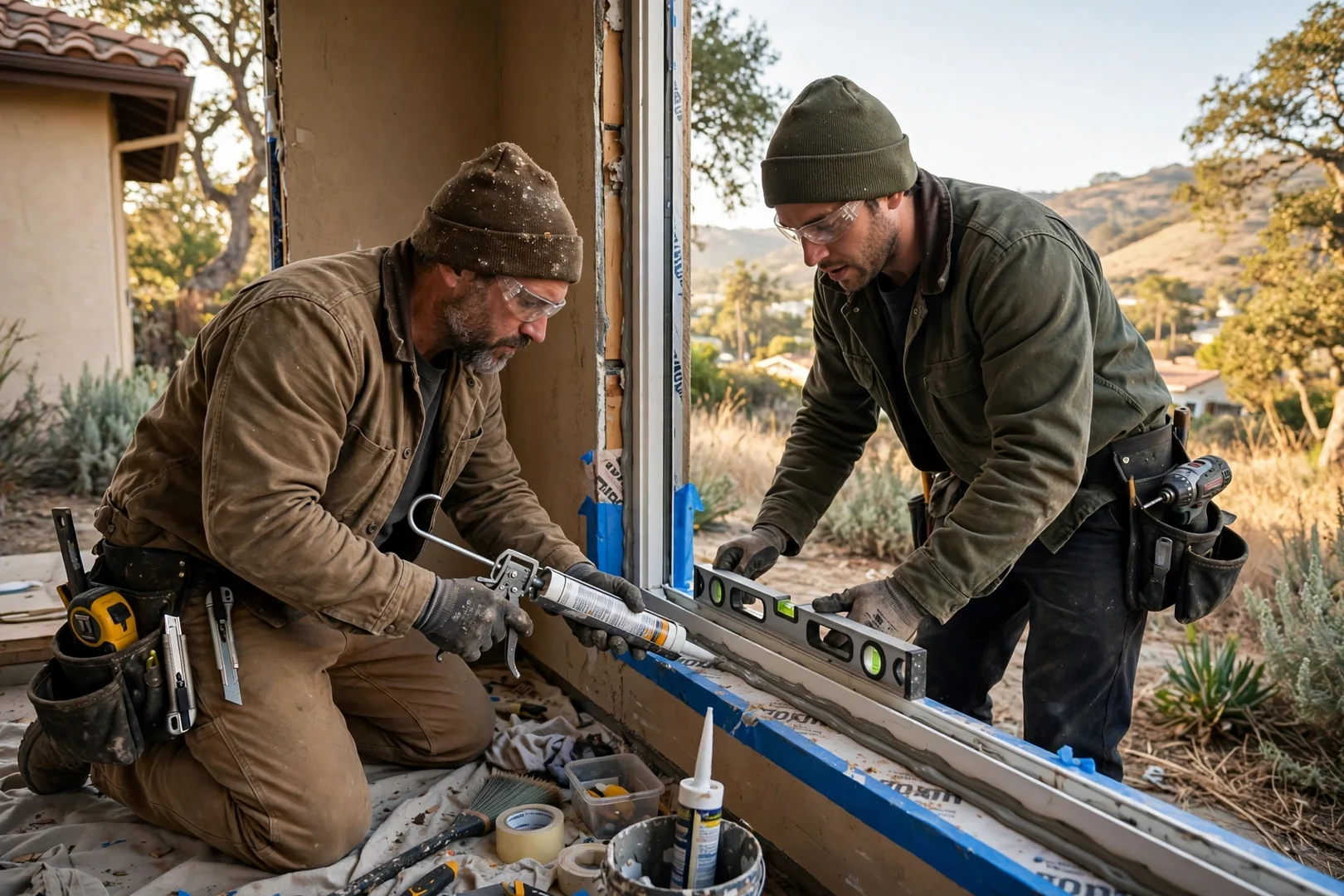 Installer setting a dual-pane energy-efficient window into a home opening