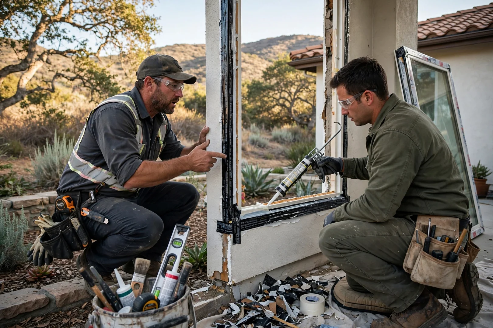 Installer setting an insulated low-E window into a prepared opening on a Thousand Oaks home