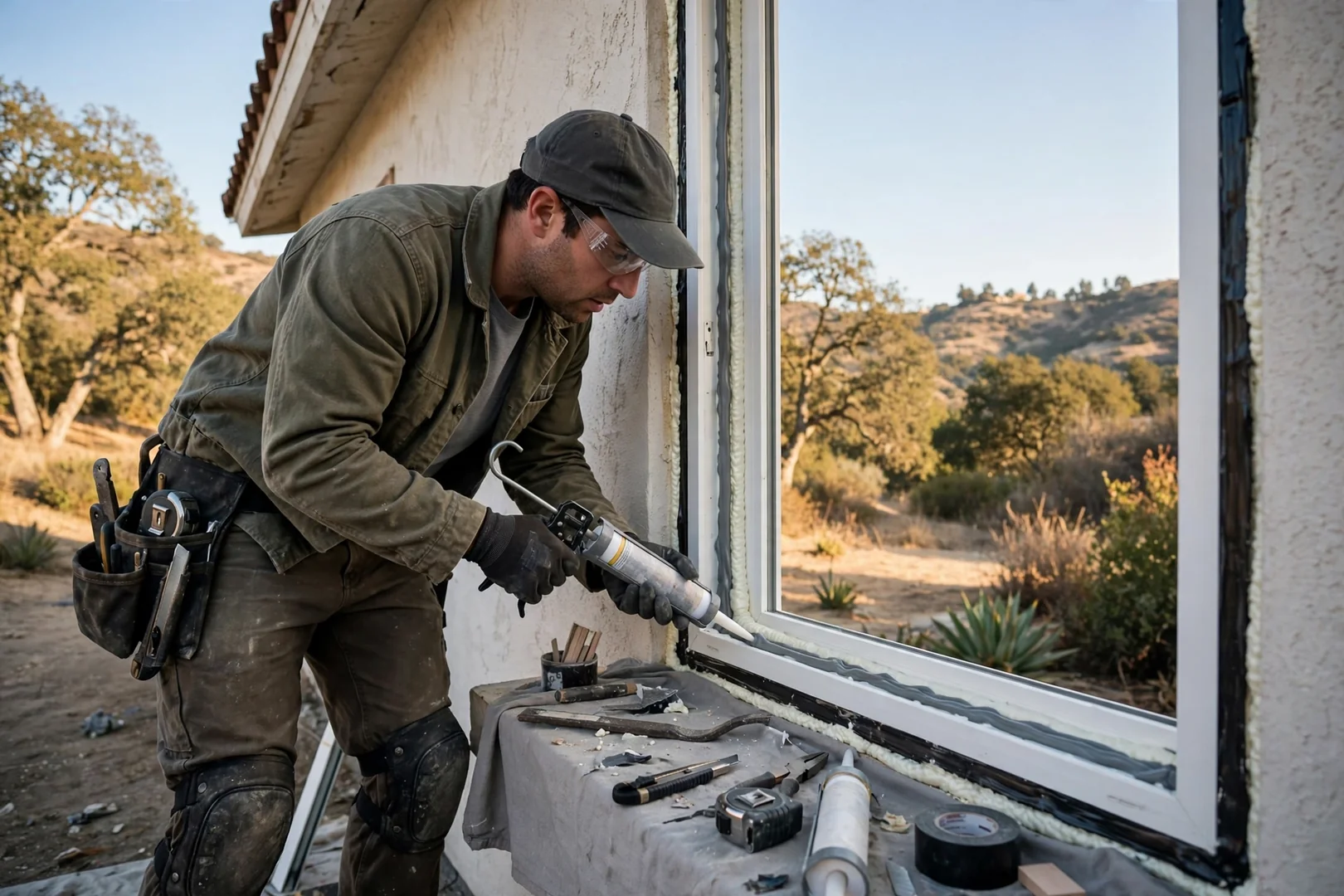 Installer measuring a rough opening before fitting a new dual-pane window on a Thousand Oaks home