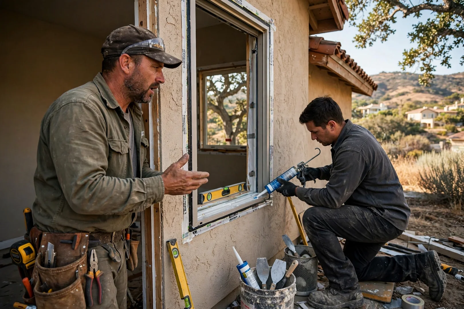 Installer setting a new window frame into a Thousand Oaks home opening