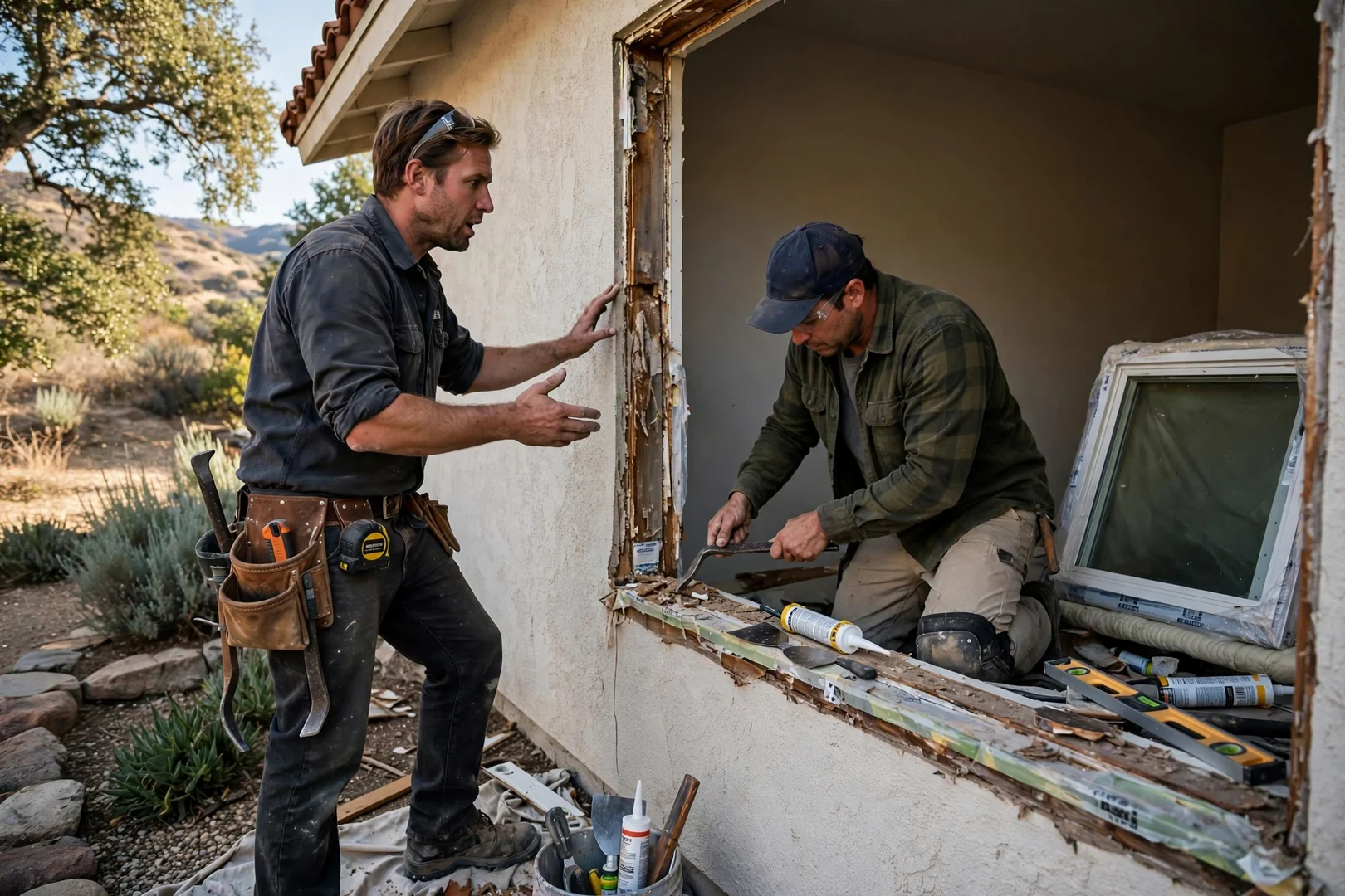Repair technician measuring a cracked window pane at a Thousand Oaks home