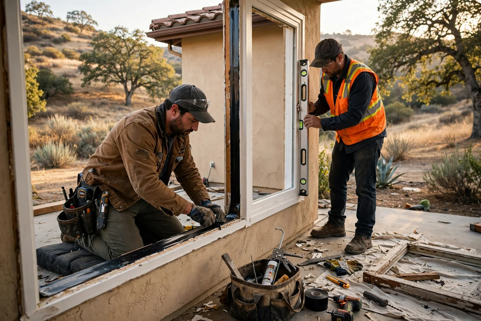 Technician setting a new dual pane glass unit into a residential window sash
