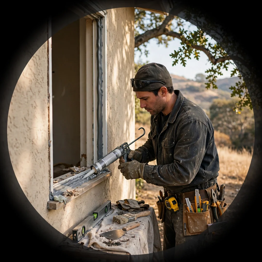 Worker checking sash operation after glass install