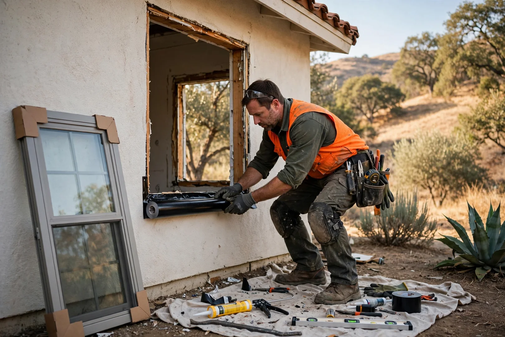 Installer setting a new vinyl window into a prepped rough opening