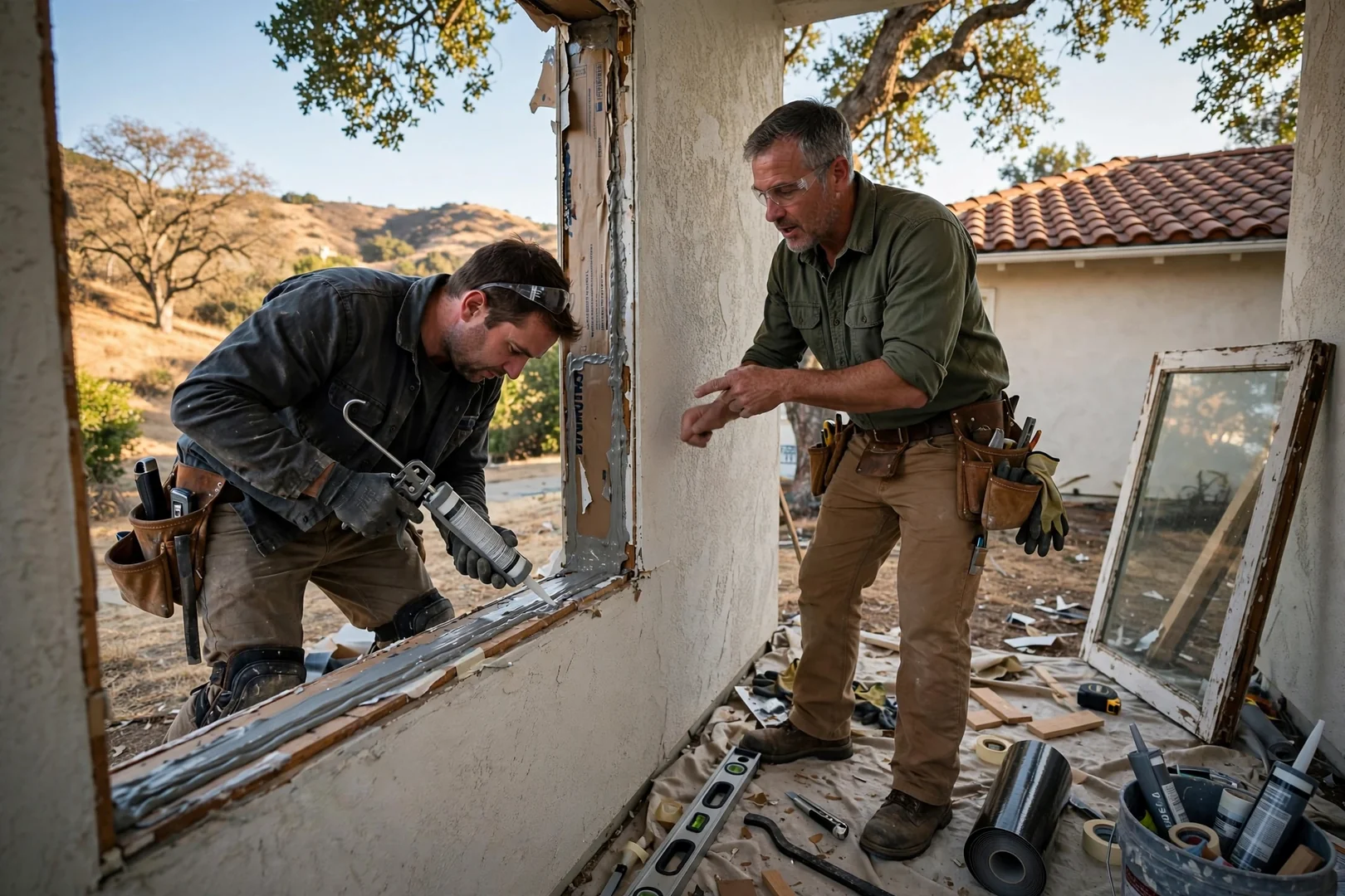 Installer setting a new window frame in a home