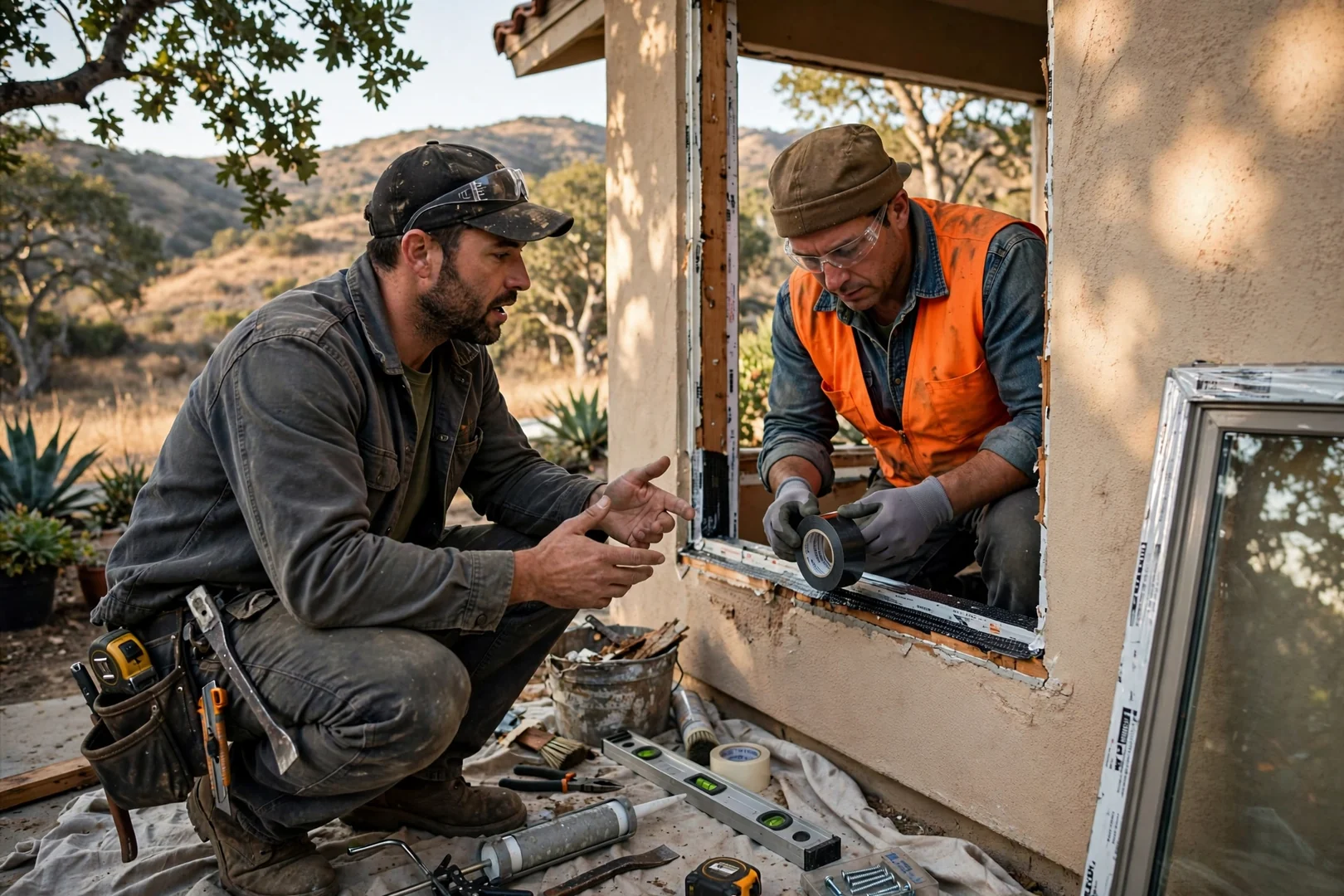 Window installer measuring a stucco opening with hand tools on a Thousand Oaks hillside home
