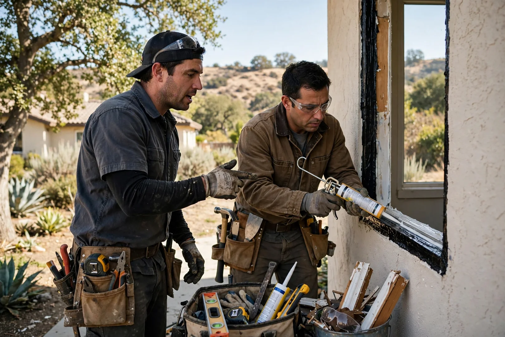 Installer measuring a rough window opening while preparing a written replacement estimate