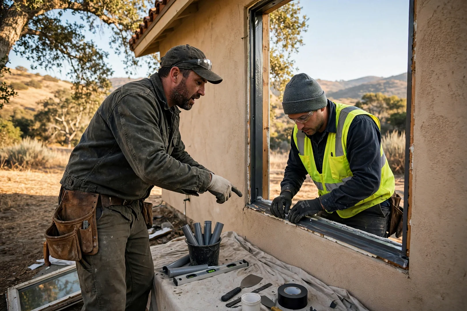 Installer setting a new vinyl window into a prepped opening on a Thousand Oaks home