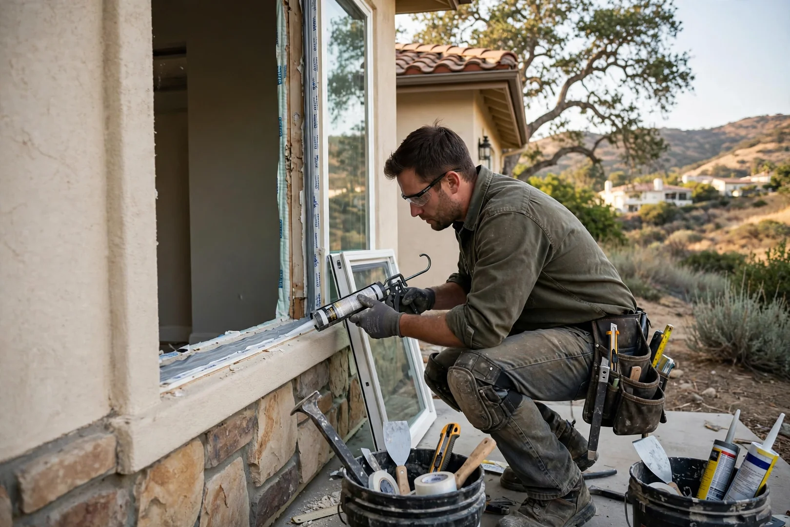 Window crew unloading glass units from a work truck at a home