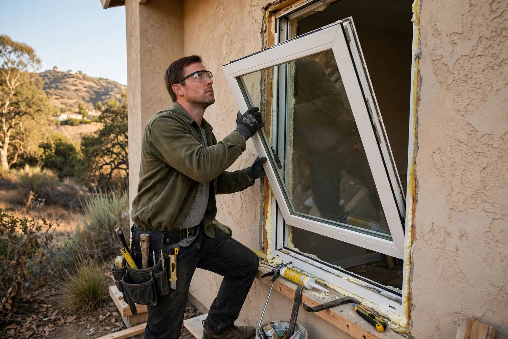 Installer in safety glasses and gloves lifting a replacement window sash into an opening