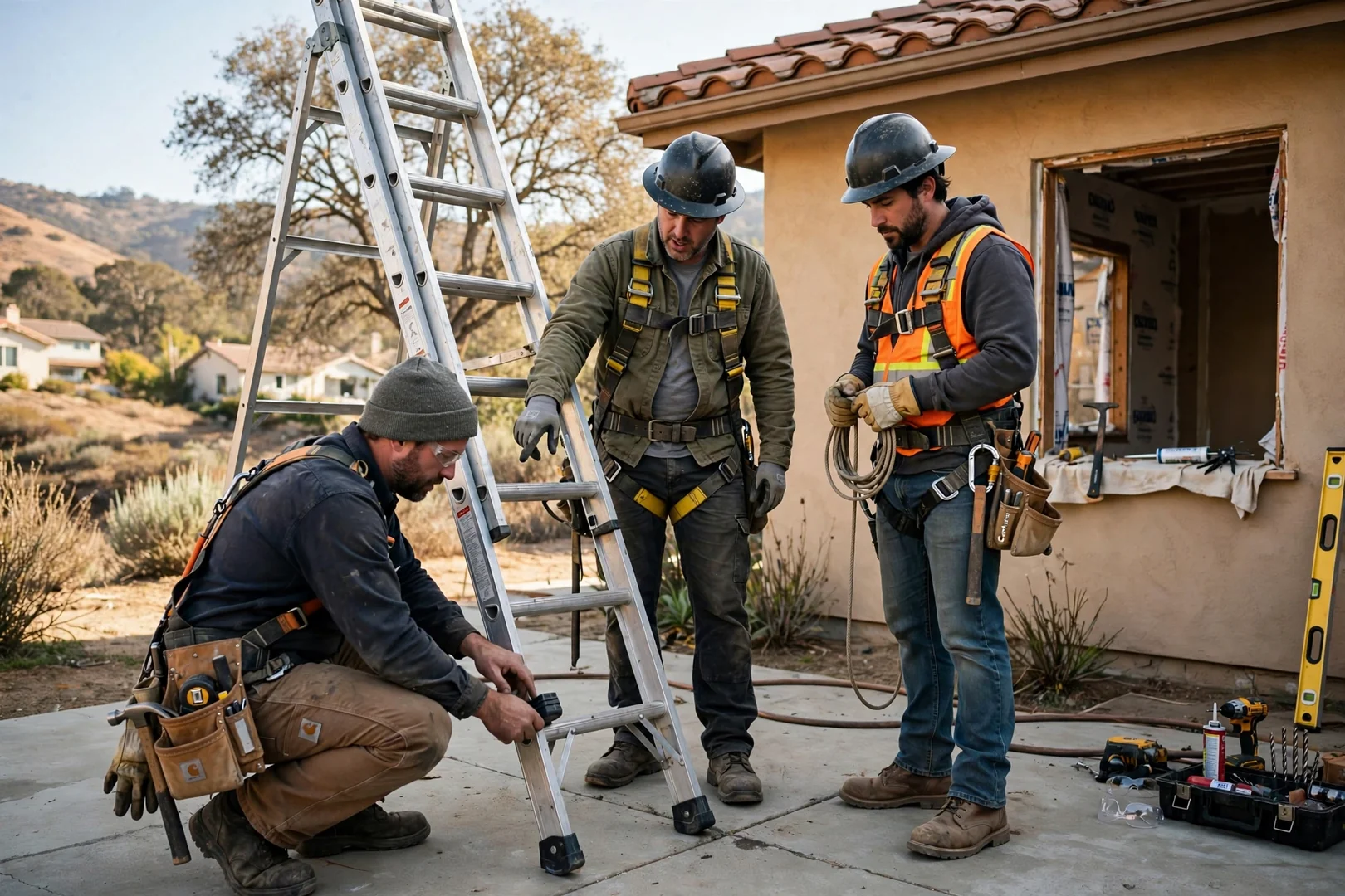 Crew checking ladder footing and fall protection gear before a second story window install