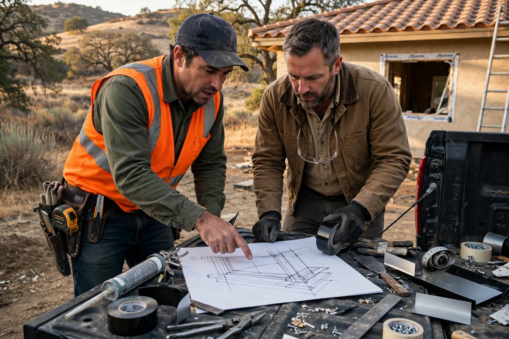 Written estimate and flashing details reviewed at a Thousand Oaks jobsite tailgate