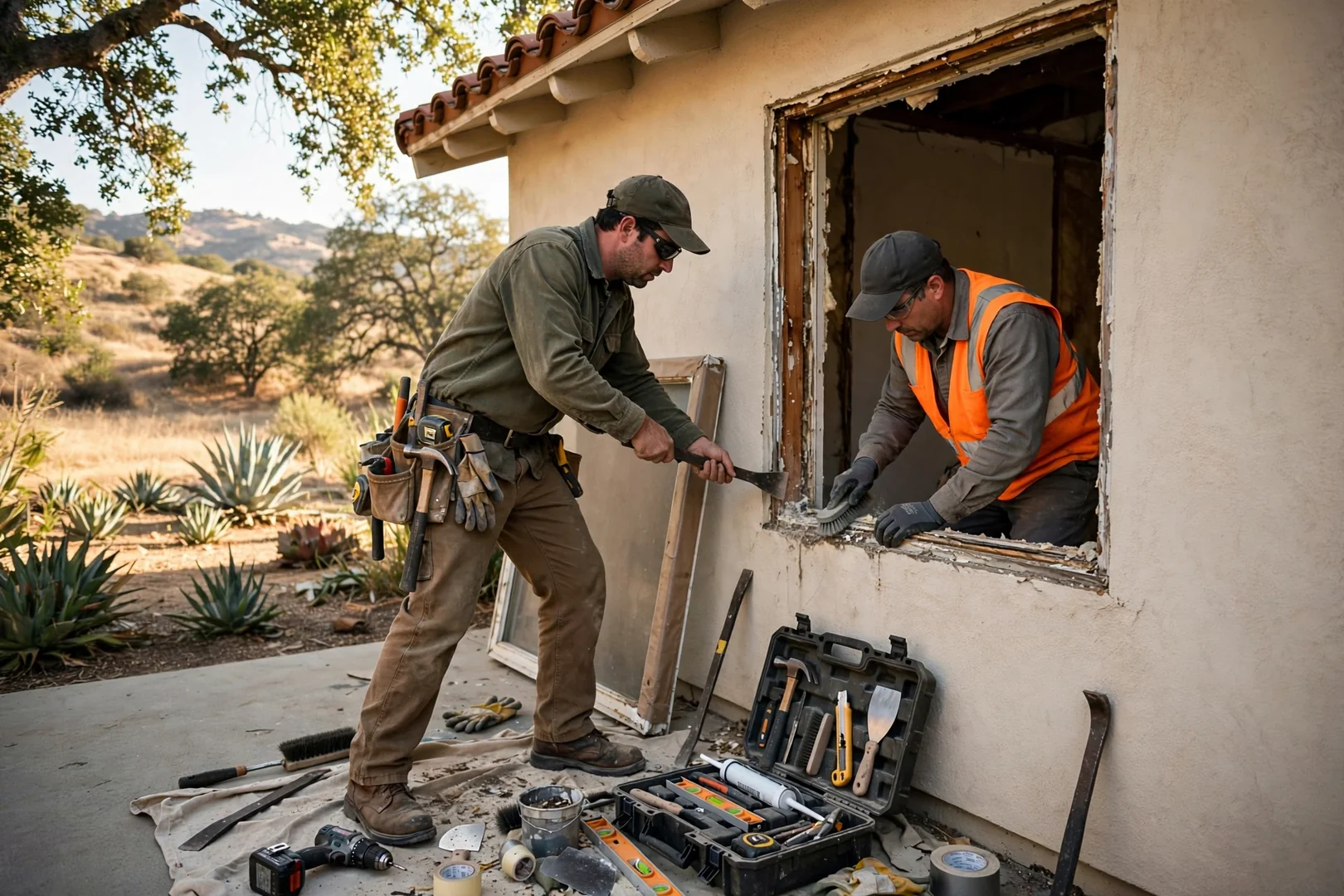 Installer setting a dual-pane replacement window into a squared opening on a Thousand Oaks home