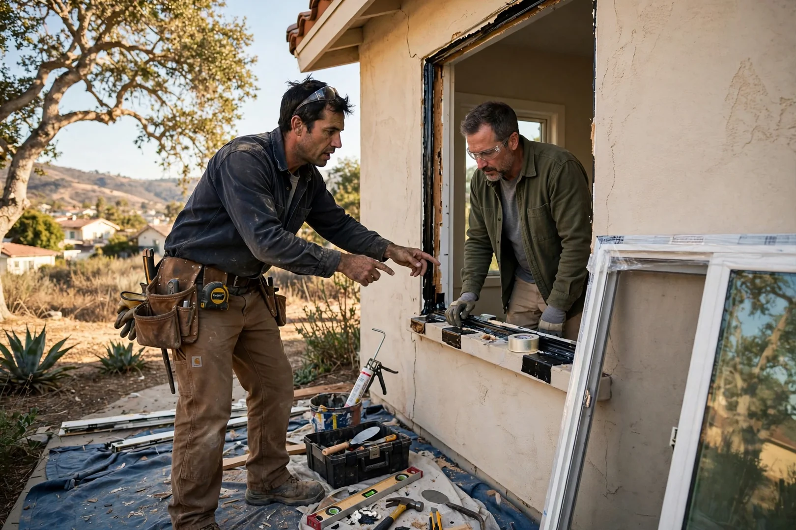 Installer measuring a window opening during a cost assessment on a Thousand Oaks home